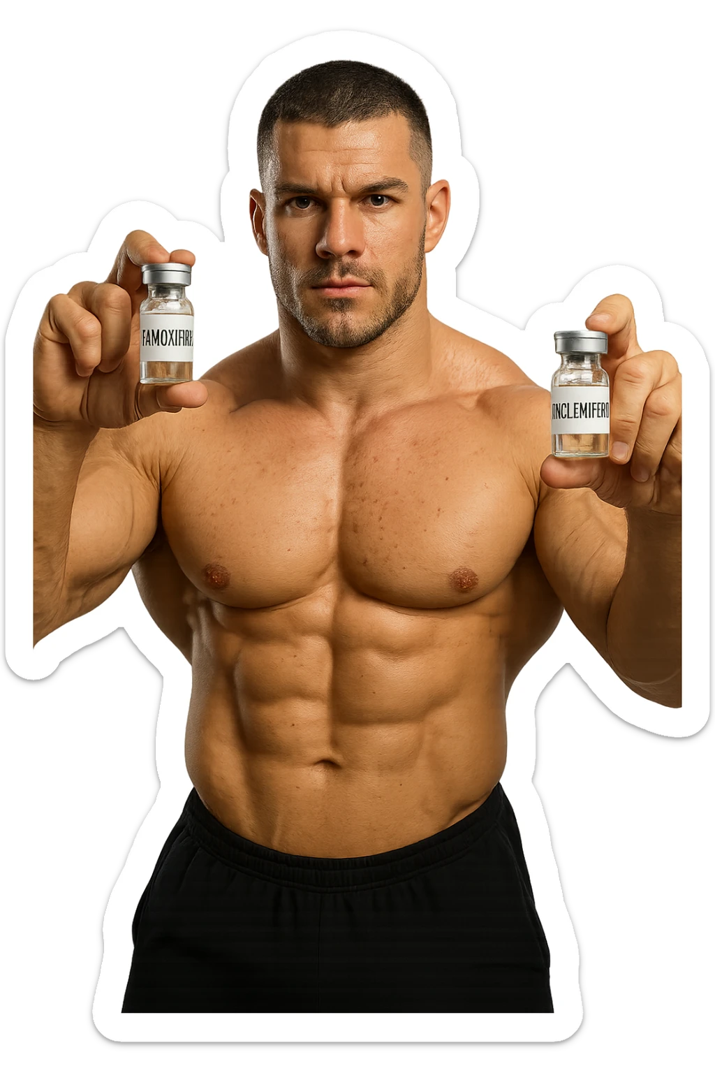 bodybuilder tiene una fiala medica con la scritta "TAMOXIF€NE" NELLA MANO DESTRA E UNA FIALA CON LA SCRITTA €NCL*MIFENE" NELLA MANO SINISTRA sticker
