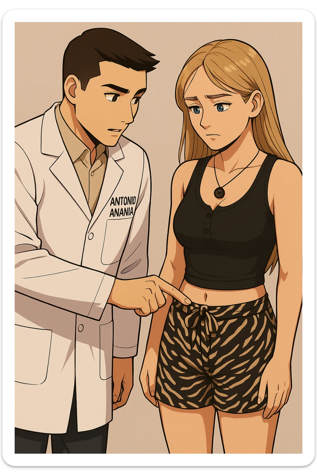 fai un webtoon/manga a colori con questo kinesiologo in camice bianco (fagli la scritta "ANTONIO ANANIA" SUL CAMICE) CHE PARLA CON QUESTA RAGAZZA CON GLI OCCHI AZZURRI. IL KINESIOLOGO CON IL CAMICE BIANCO LE TOCCA LA PANCIA CON UN DITO DOVE C'è L'INTESTINO. NON FARE I FUMETTI, FAI SOLO LORO COME SE DIALOGASSERO sticker