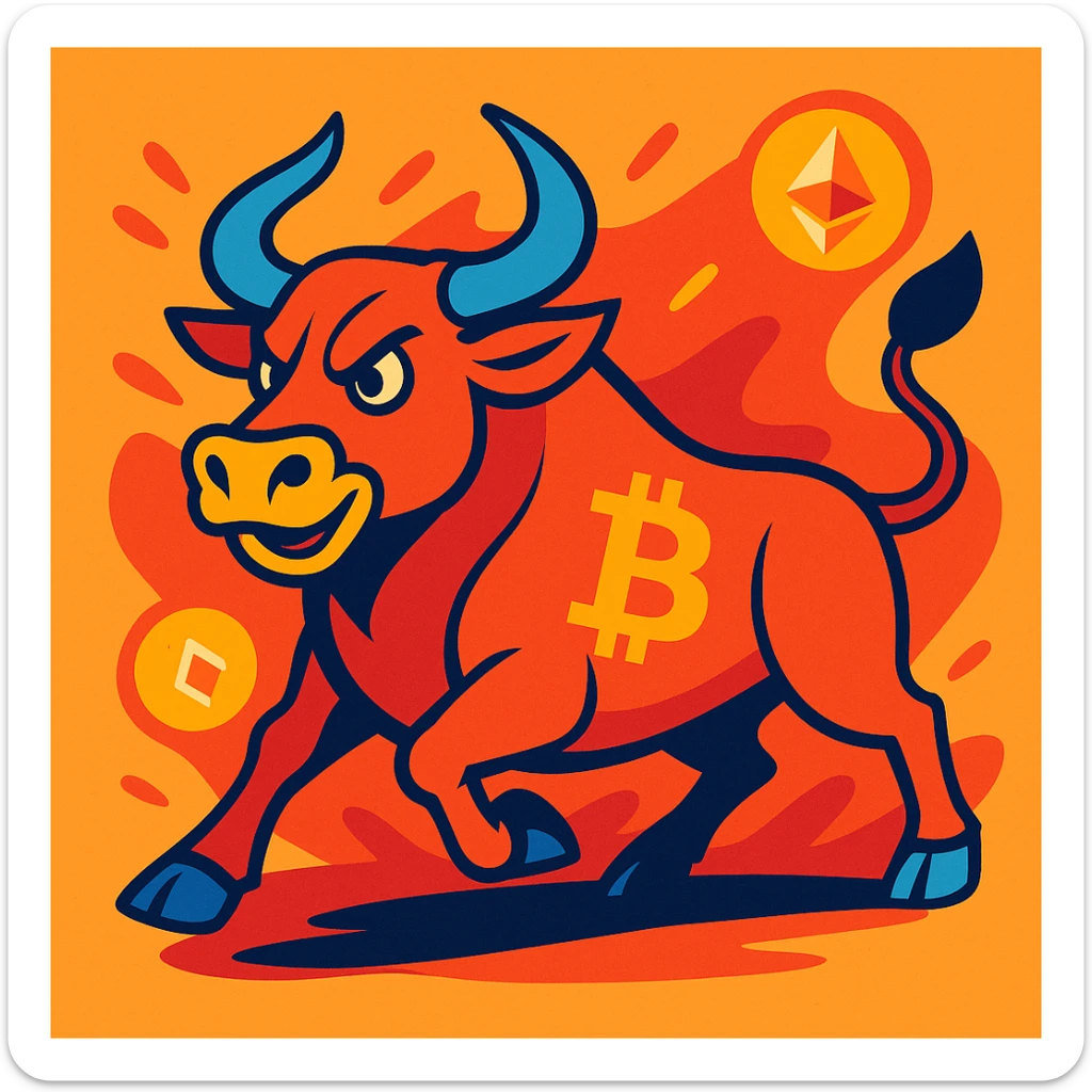 energetic bull with bitcoin and ethereum logos sticker