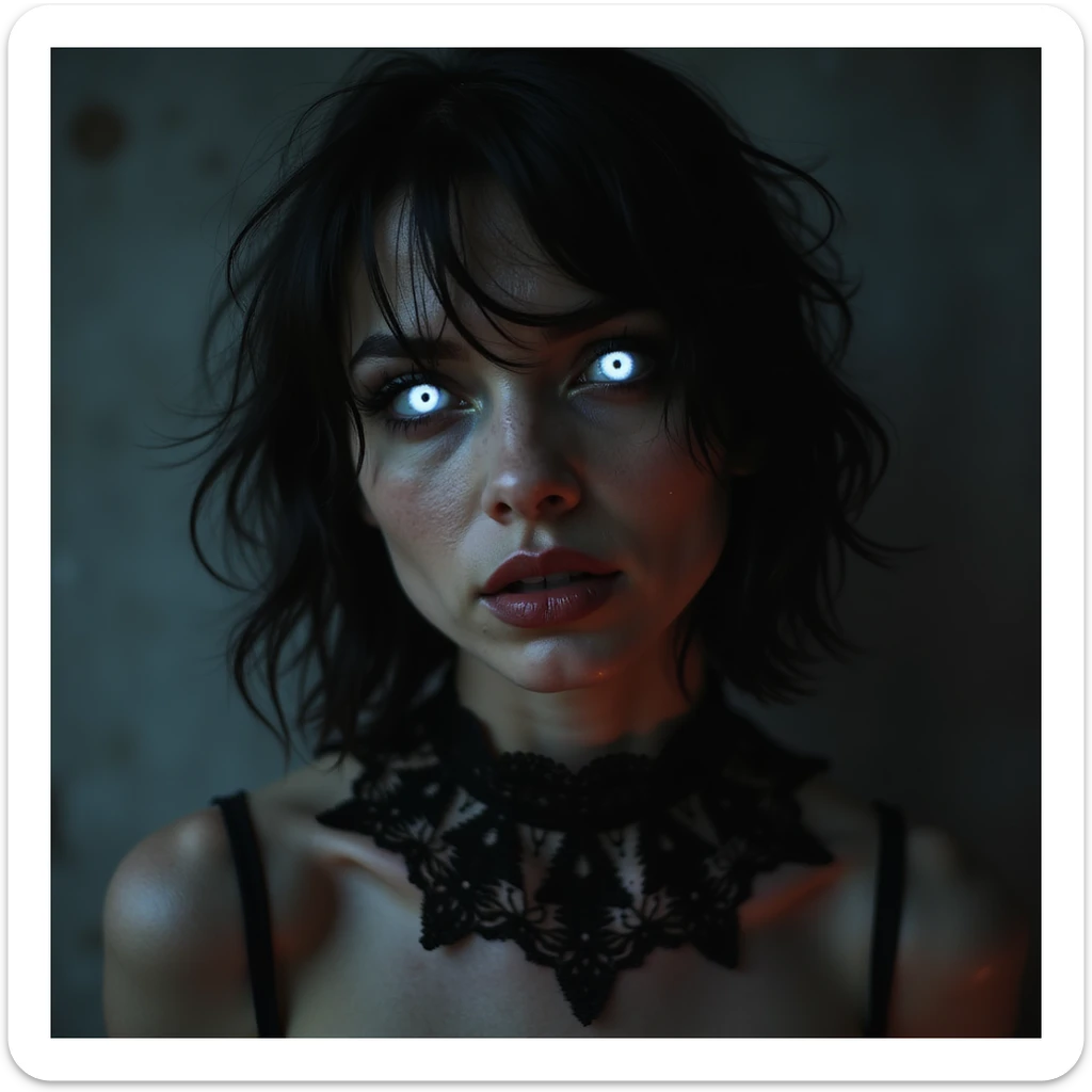 realistic horror portrait of an alluring but menacing woman with glowing eyes, black lace choker, horror atmosphere sticker