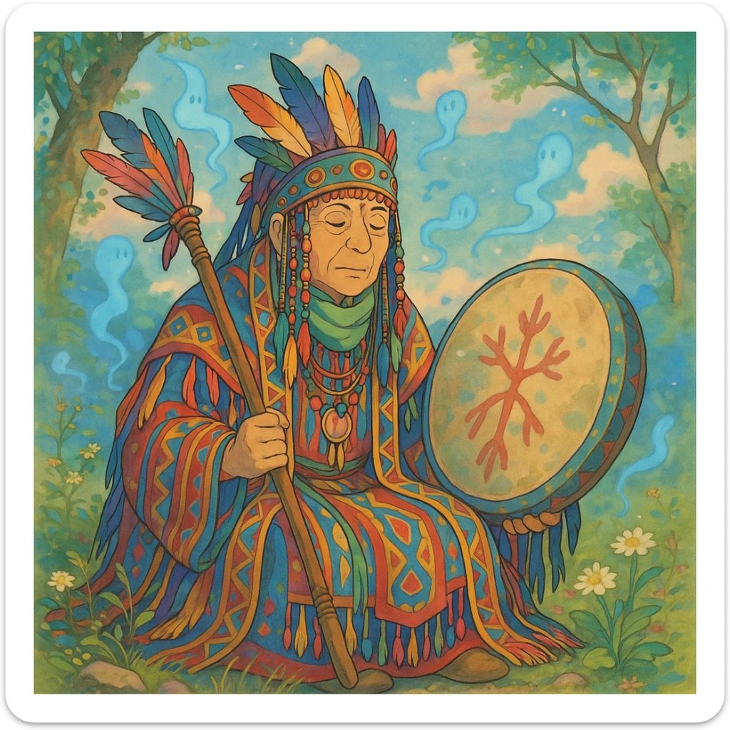 Traditional Siberian shaman, colorful attire, ghibli style sticker