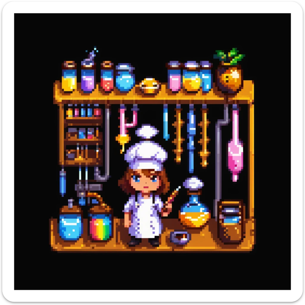 Ein Bäcker mit einem Labor aus Zuckerglas, Karamellrohren und Honigflüssigkeiten. Die Umgebung wirkt wie ein süßes Steampunk-Labor. Interface-Elemente imitieren klebrige Texturen, mit tropfenden Effekten und glänzenden Bonbonfarben sticker