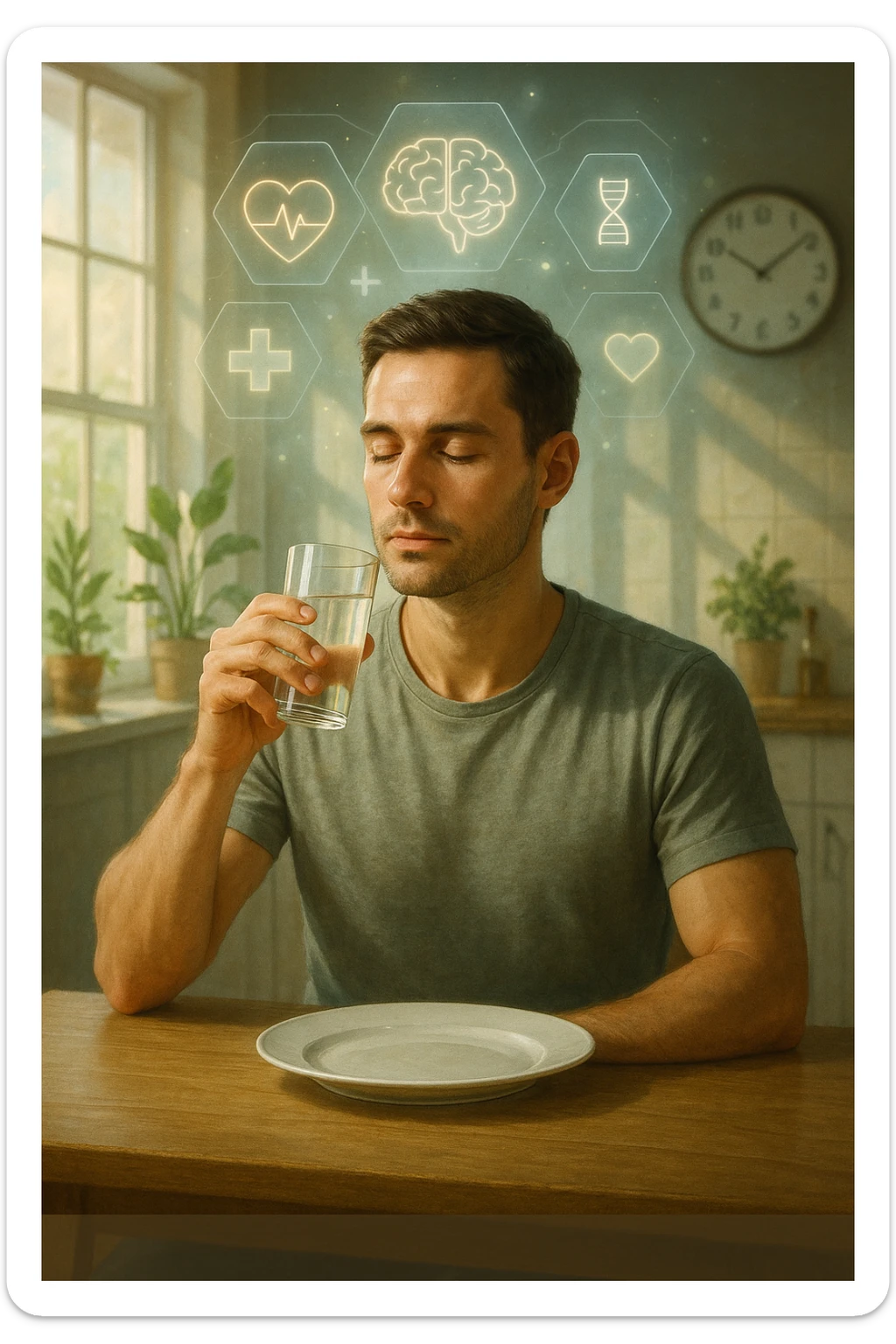 A realistic, cinematic illustration of a healthy, calm man in his early 30s sitting in a bright kitchen in the morning, with an empty plate in front of him and a glass of water in his hand, looking serene and focused. Behind him, the background shows subtle symbols of health: green plants, sunlight streaming in, and a blurred wall clock showing 10:00, symbolizing the fasting window. Above the man, a translucent overlay of medical icons (heart, brain, DNA strand) glows softly, illustrating that intermittent fasting acts as a powerful medicine, not merely a diet. The color palette is fresh and natural, emphasizing health, clarity, and focus. The style is realistic with slight cinematic tones, conveying that the man is using intermittent fasting as a tool for cellular regeneration, inflammation reduction, and health optimization rather than weight loss sticker