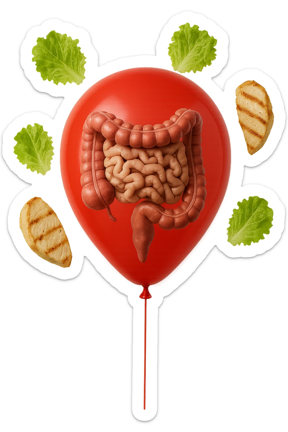 intestino anatomico realistico chiuso in un palloncino rosso e foglie di insalata e petto di pollo grigliato che fluttuano intorno sticker