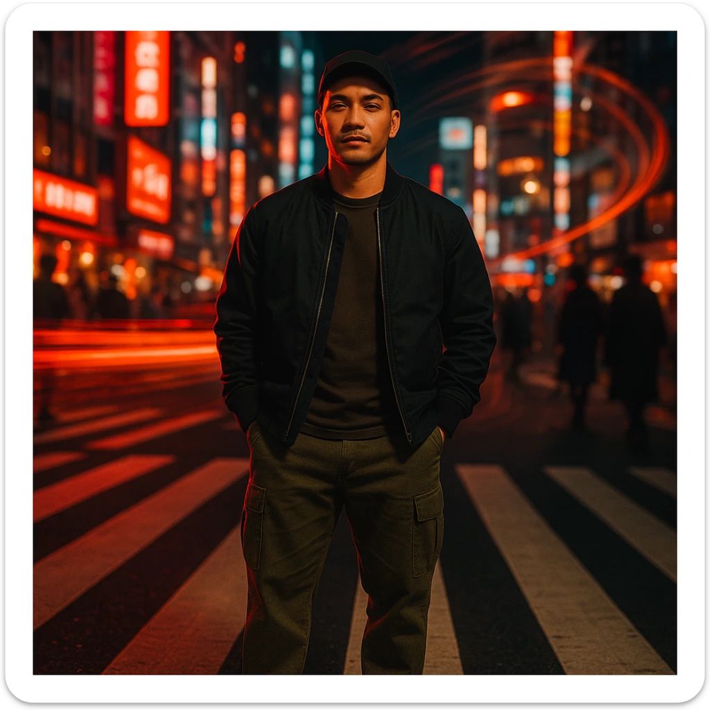 Create a cinematic photo of a Southeast Asian man in his early 30s with medium tan (sawo matang) skin, clean and sharp look, standing in the middle of a zebra crosswalk at night in a bustling city like Jakarta or Tokyo. The man has a calm, confident expression with eyes slightly squinted, looking forward. He wears a dark bomber jacket, neutral T-shirt, relaxed-fit cargo pants, clean sneakers, and a black baseball cap forward. Both hands are in pockets with a relaxed but solid posture. The background features neon signs, light trails, silhouettes of pedestrians, and spiral motion blur. The lighting is bold and cinematic with soft flash on the face, deep shadows, and glowing red, blue, and orange lights. The color palette is rich, warm, and saturated with a 35mm film or fashion editorial look. Urban, edgy, nightlife intensity. Use the reference image for facial structure and vibe. sticker
