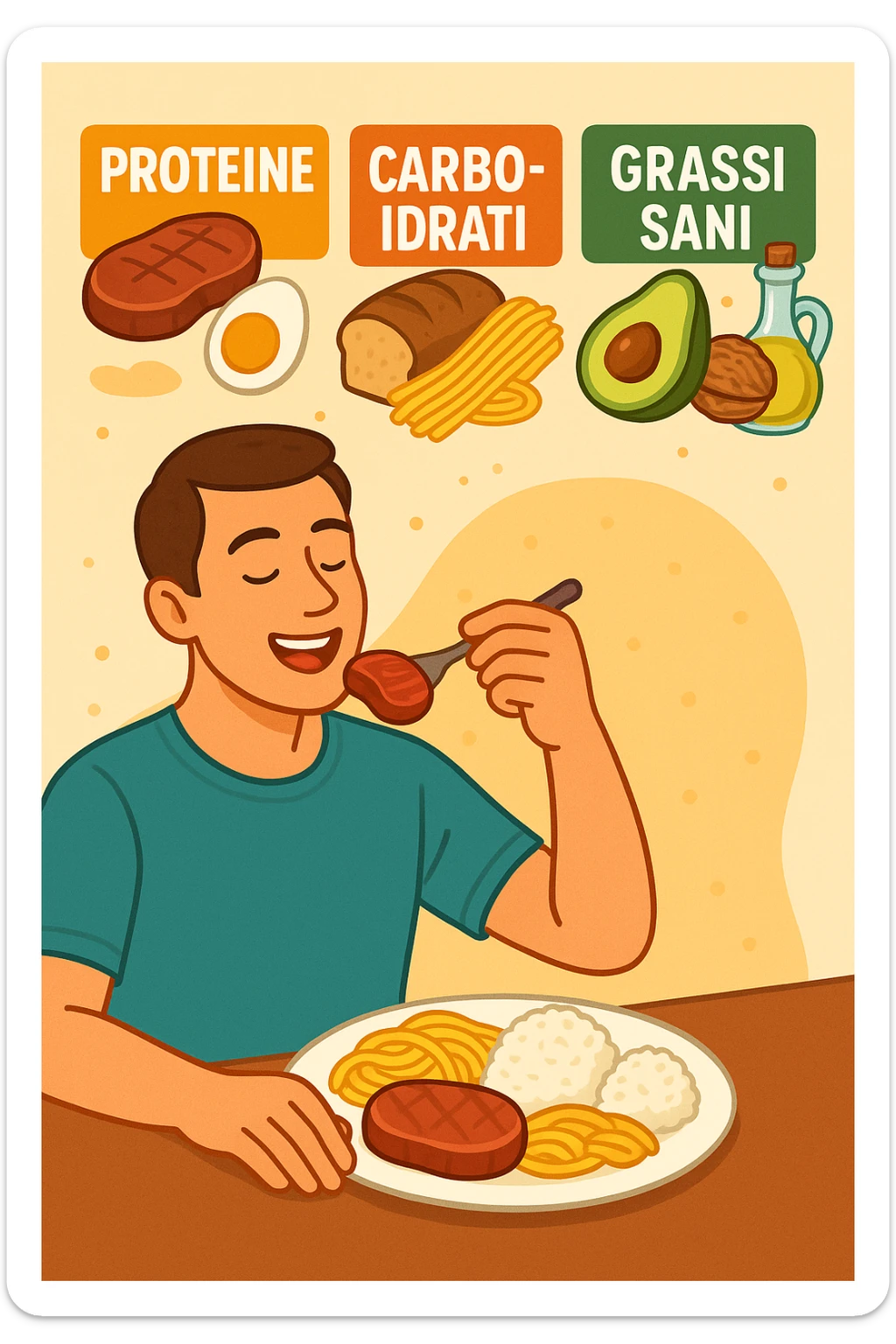 uomo che fa alimentazione attraverso i giusti macronutrienti. Scritte in ITALIANO sticker