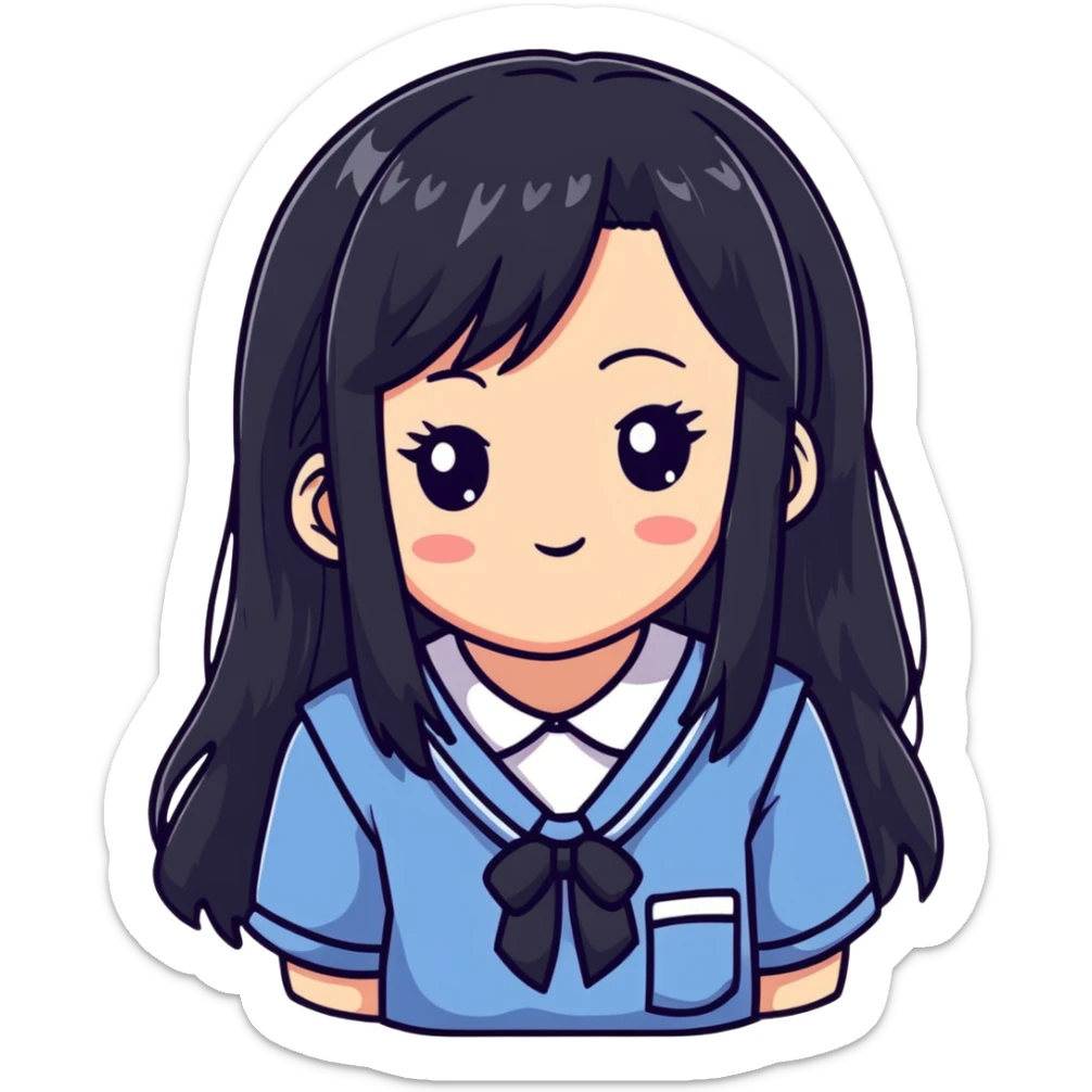 Happy Japanese schoolgirl with long black hair and blushing face sticker