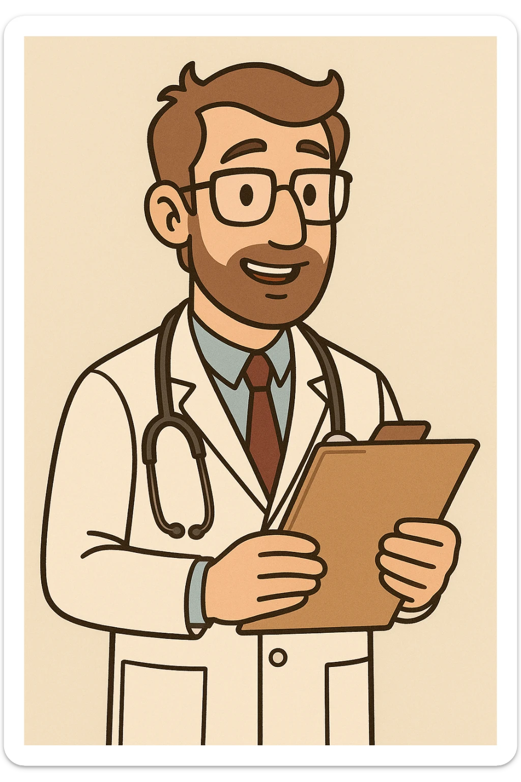 doctor, male, glasses, with medical chart, approachable, cartoon style sticker