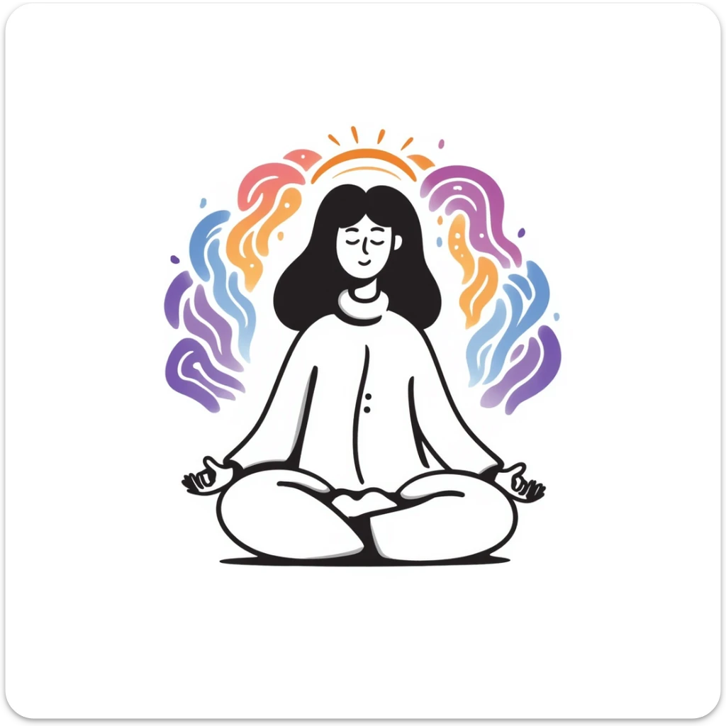 A person in a peaceful meditation pose with colorful rainbow waves of calmness radiating outward, representing mindfulness and stress relief. Vibrant hand-drawn doodle style with purples, blues, and warm tones. sticker