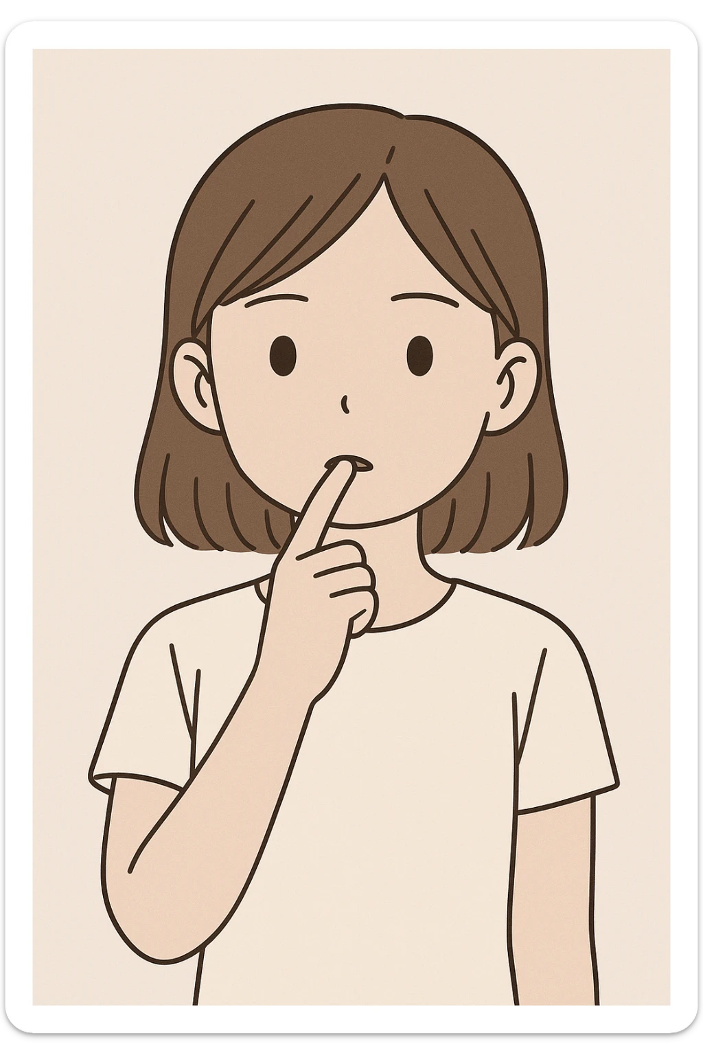 digital illustration of a girl with a finger in her mouth, neutral expression, upper body, simple background sticker