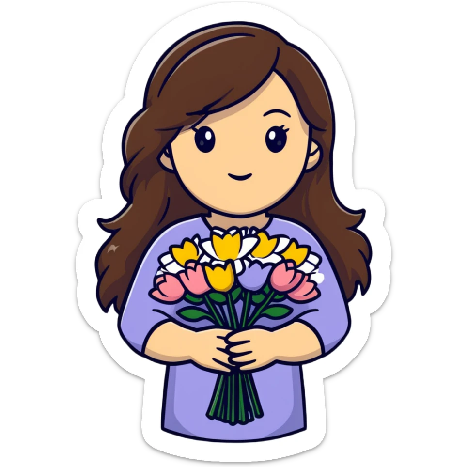 Cool girl with long brown hair and fair skin holding a bouquet of flowers sticker
