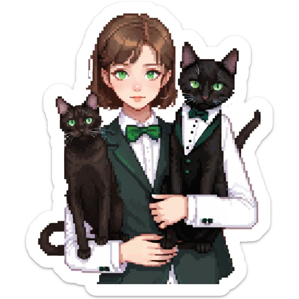 brown haired girl with light tan skin and brown eyes holding a black Bombay cat with green eyes and a black and white Tuxedo cat with hazel eyes sticker
