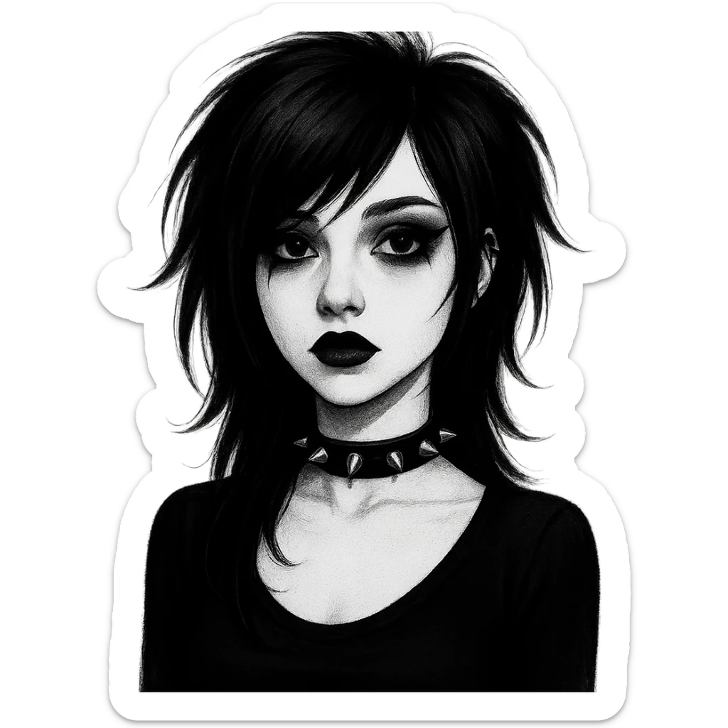 emo girl with heart-shaped face, choker necklace, dark lipstick, gothic vibe sticker