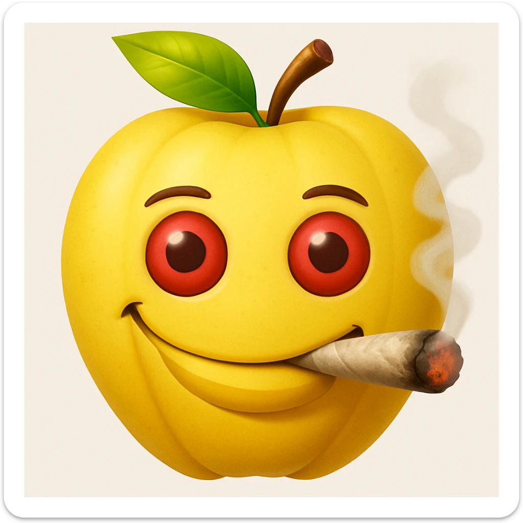 Add a cartoon joint with smoke to the smiley face made of apples as eyes and a banana as the mouth. Make it look like the face is smoking weed, keep the emoji style. sticker