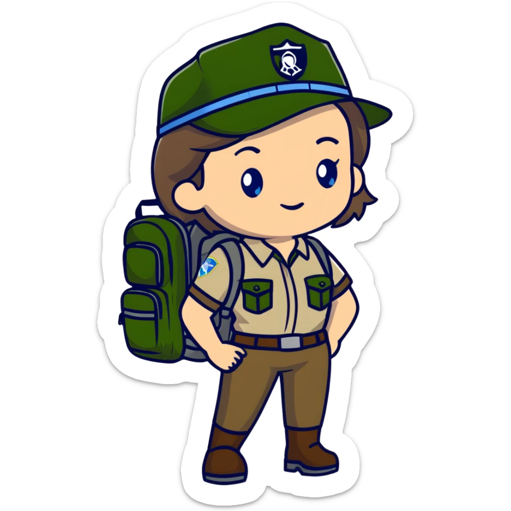 white woman park ranger with gray and brown hair, blue eyes, wearing a backpack sticker