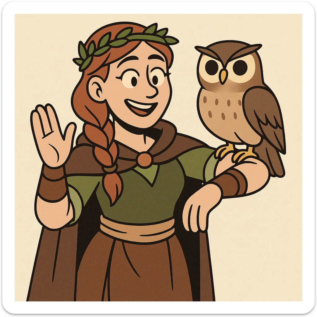 smiling female druid, cartoon style, braided hair, animal companion owl, earth-toned clothing sticker