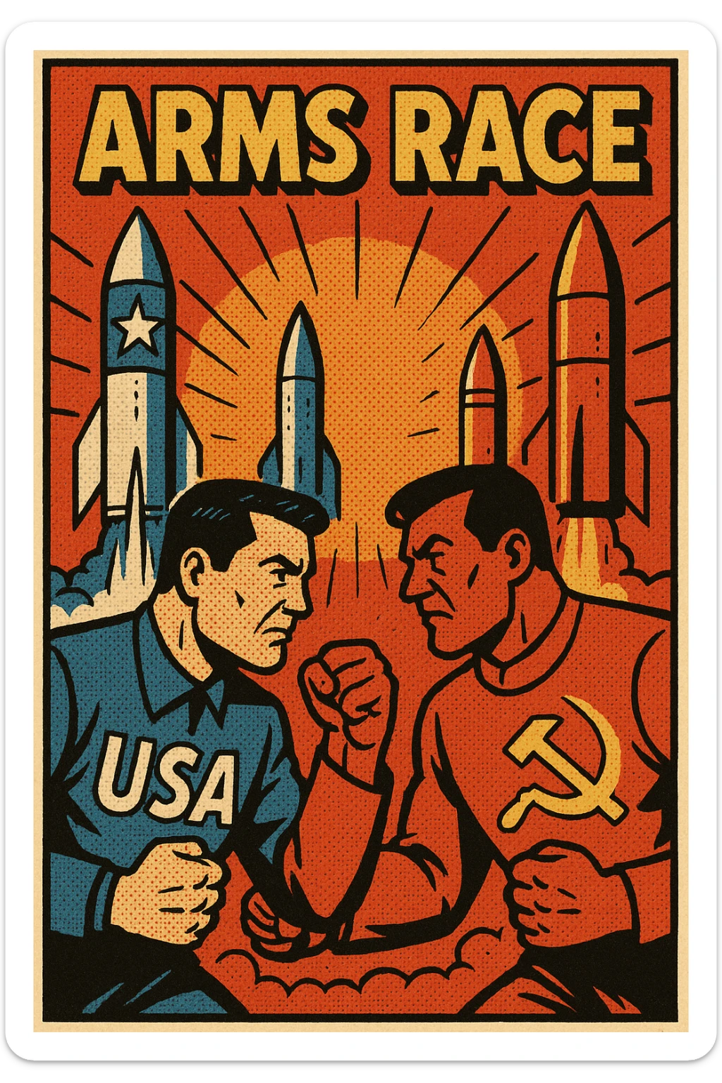 An poster showing the image of an ARMS RACE between the USA and Soviet Union during the Cold War with images of nuclear missiles sticker