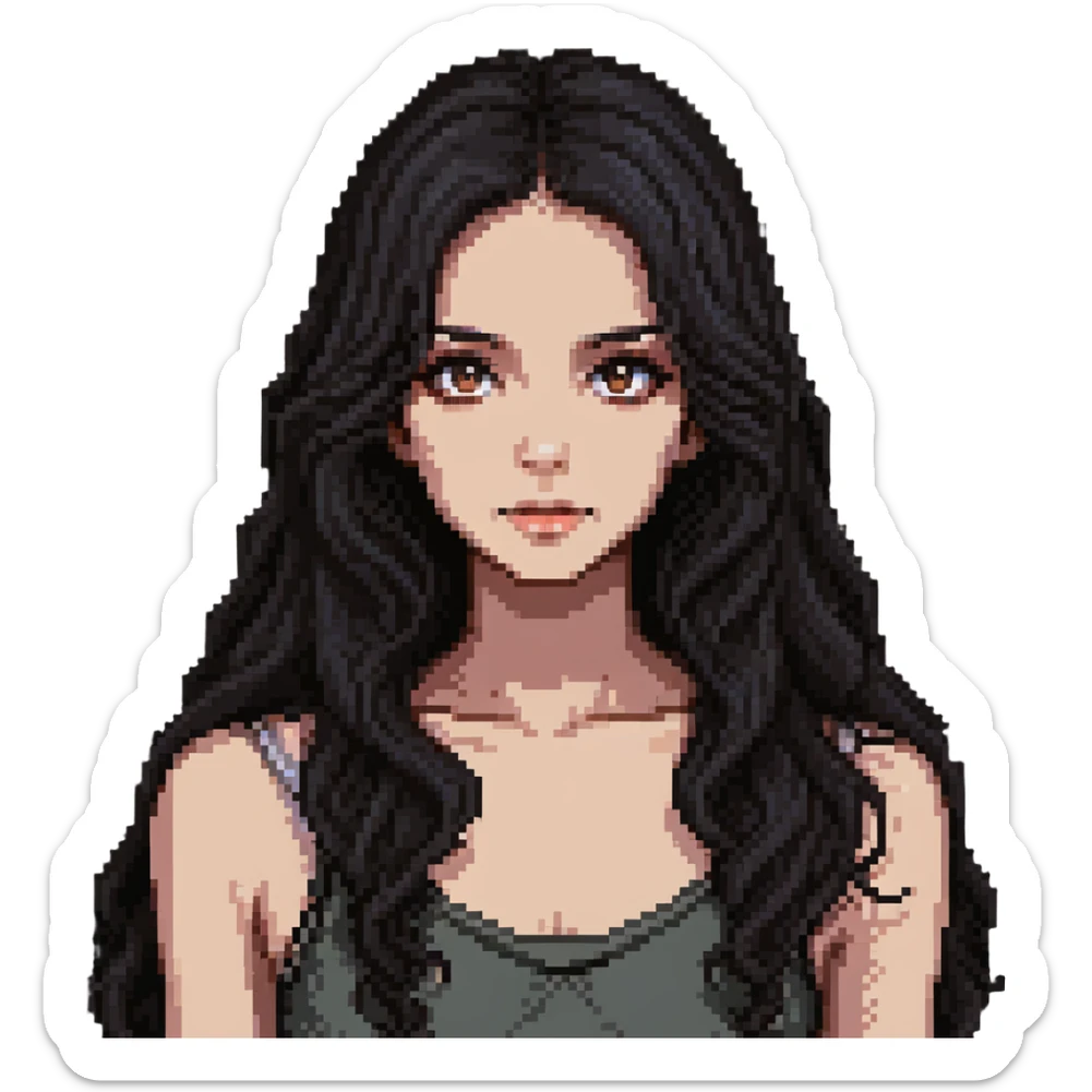 strong girl with brown eyes, flesh-colored skin, long slightly wavy black hair sticker