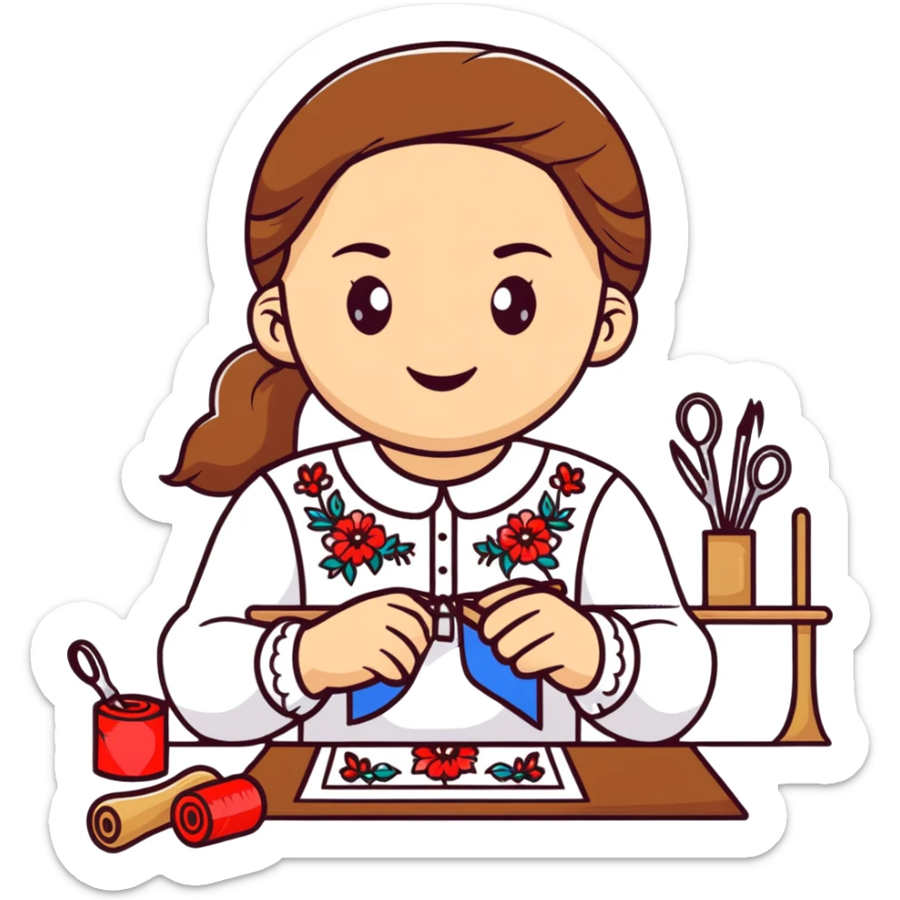 Ukrainian young girl wearing a white traditional embroidered shirt (vyshyvanka) smiling and holding sewing tools sticker