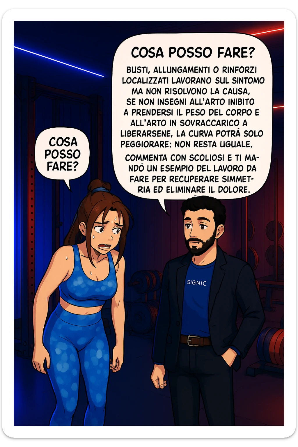 ispirati a questo stile di disegno e fai questa immagine in versione manga/webtoon a colori, il manga mostra la donna preoccupata che chiede: "COSA POSSO FARE?" E L'UOMO CHE RISPONDE: Busti, allungamenti o rinforzi localizzati lavorano sul sintomo ma non risolvono la causa. Se non insegni all’arto inibito a prendersi il peso del corpo e all’arto in sovraccarico a liberarsene, la curva potrà solo peggiorare; non resta uguale. Commenta con scoliosi e ti mando un esempio del lavoro da fare per recuperare simmetria ed eliminare il dolore. sticker