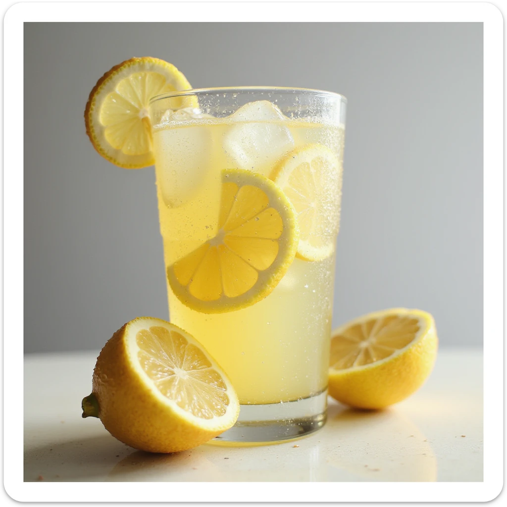 realistic glass of iced lemonade with condensation on glass and fresh lemon slices sticker