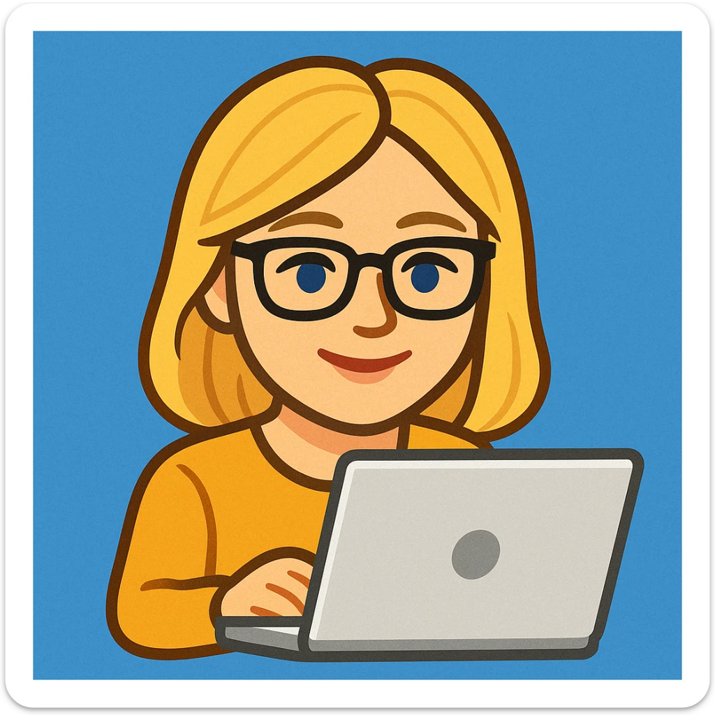 blonde writer woman wearing glasses working on a laptop, twitter style emoji sticker