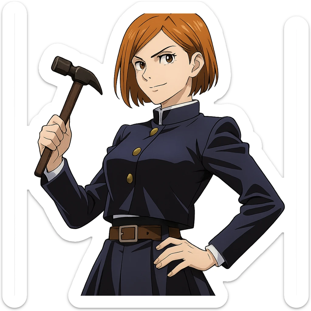 Nobara Kugisaki, short orange hair, holding hammer, confident pose, anime style sticker