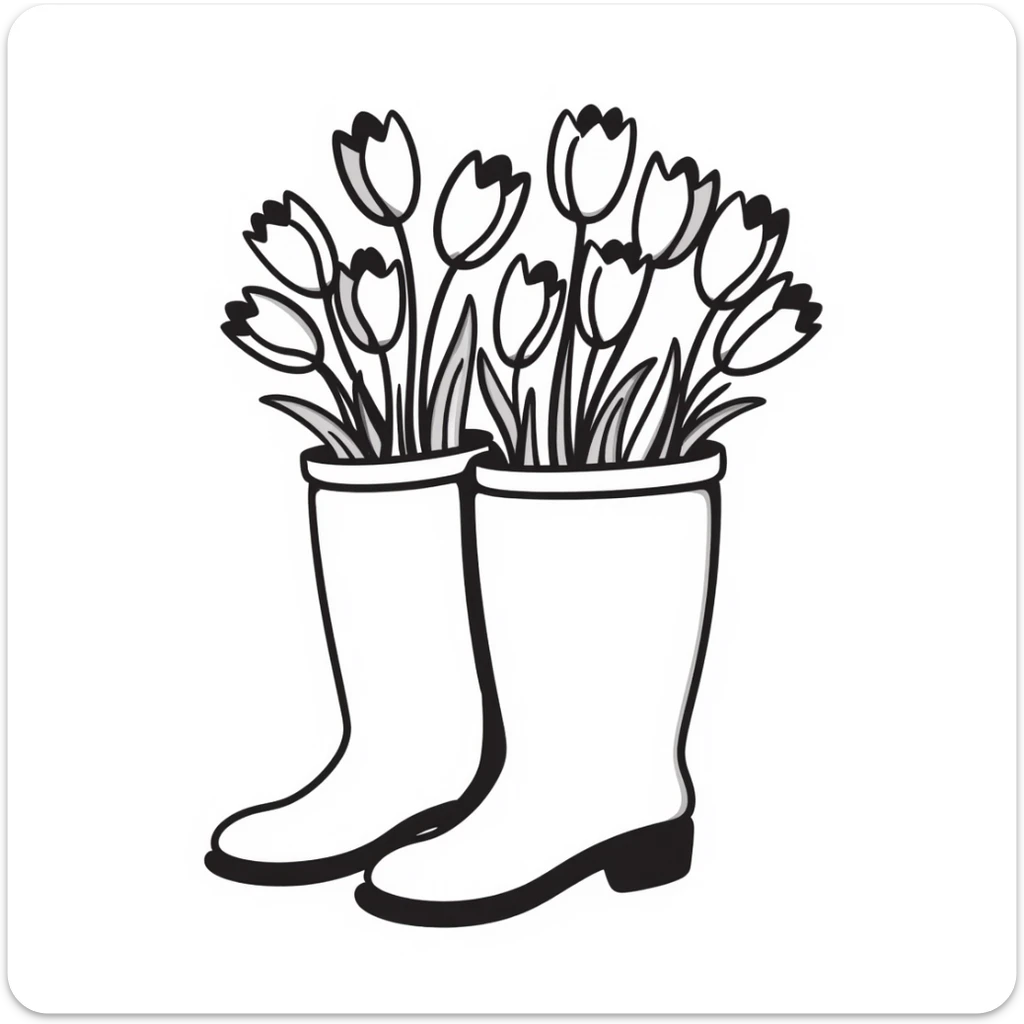 Rubber rain boots/wellington boots with tulip flowers sticking out from the top, in pastel colors (dd9fb0, ffc6d3, a3bfc9, c4bee2, f1b091), hand-drawn doodle style sticker