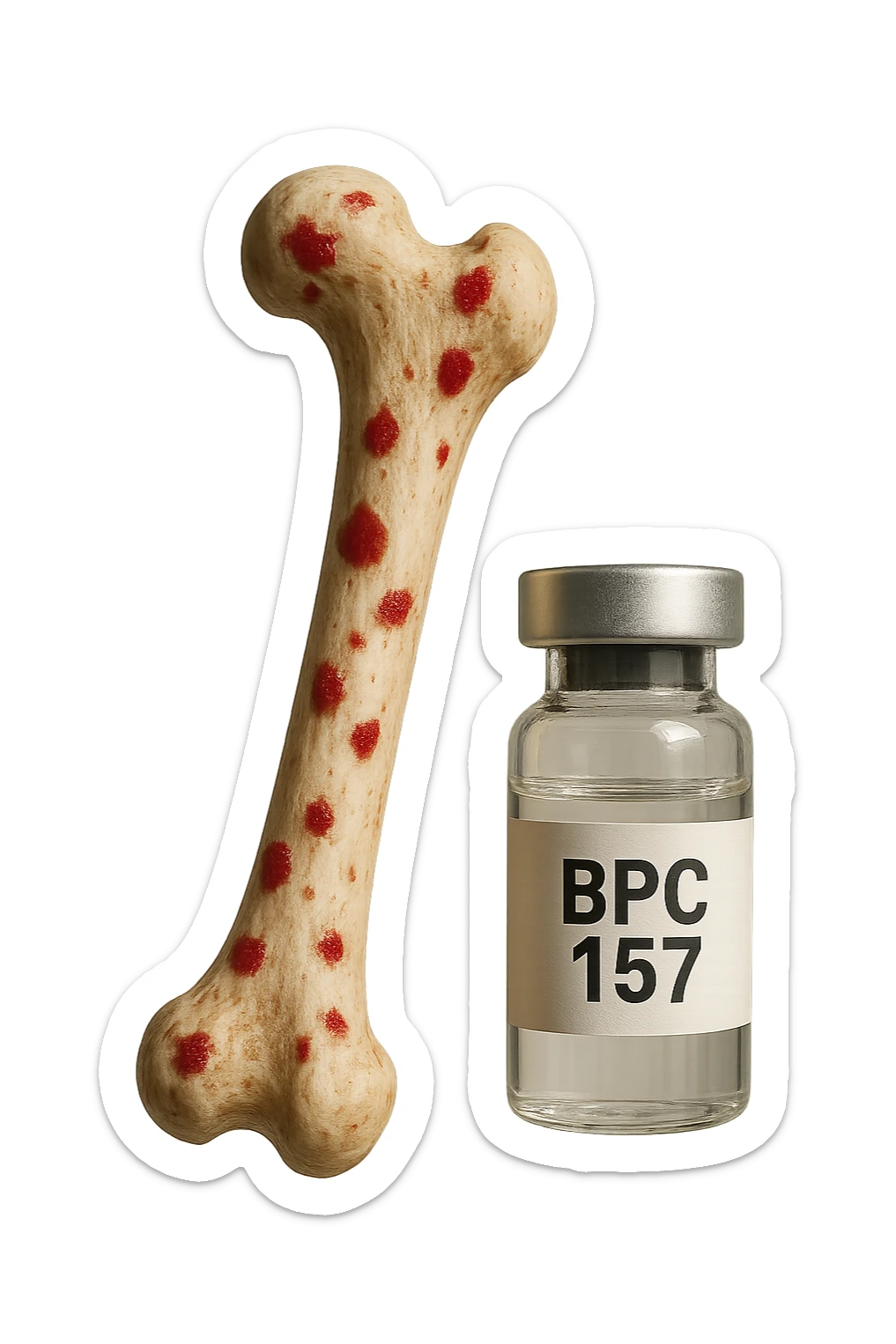 osso umano con red spot fluttua insiema a fiala medica con la scritta "BPC 157" SULL'ETICHETTA, iperrealistiche 4k sticker