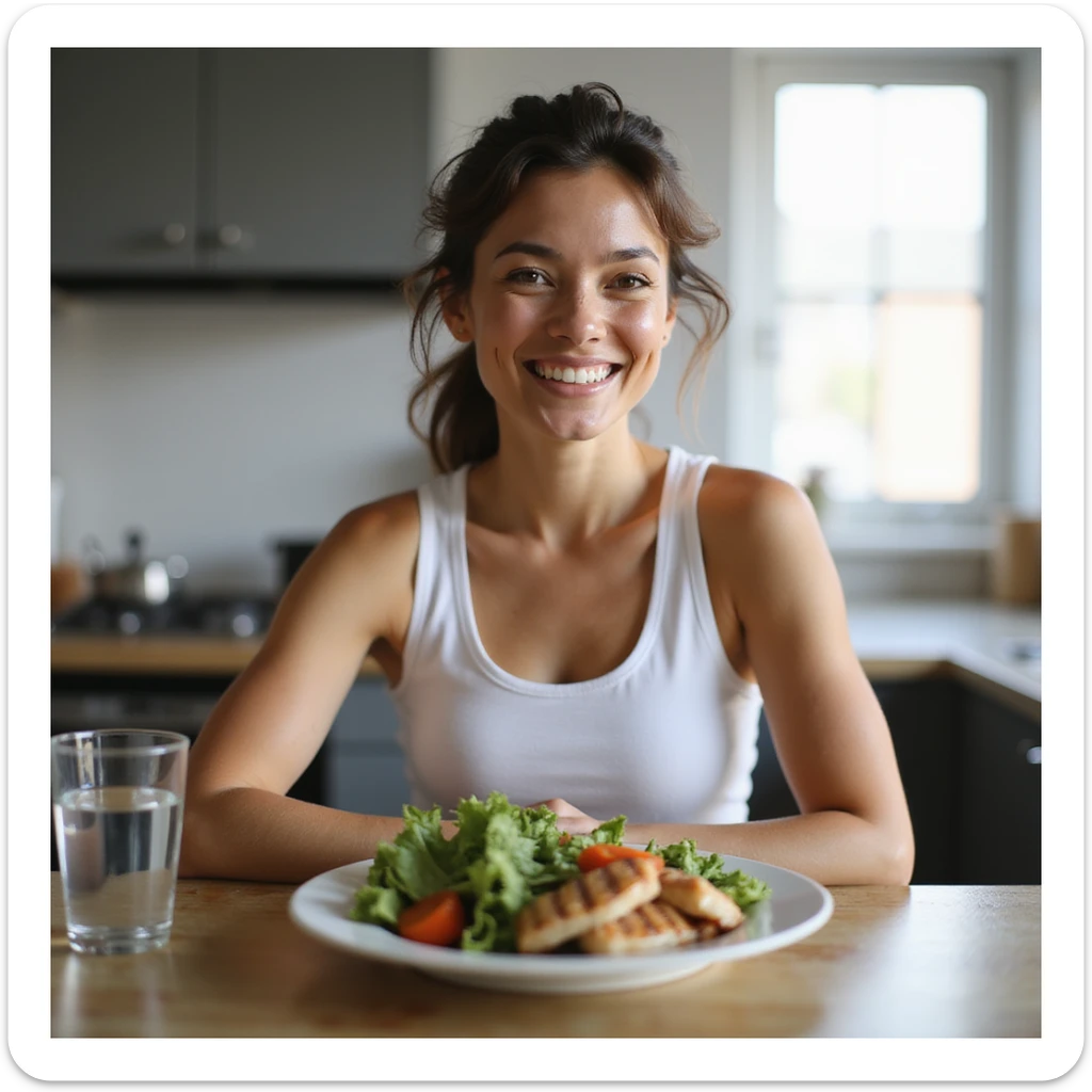 Smiling woman with healthy appearance and balanced physique, sitting at a table with a plate rich in vegetables and lean proteins, glass of water, bright atmosphere, hyperrealistic 4K details, modern kitchen. Variant 2. sticker