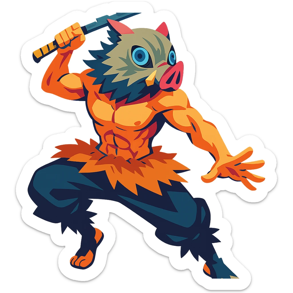 Inosuke Hashibira from Demon Slayer, vibrant anime style, boar mask, muscular build, wild pose sticker