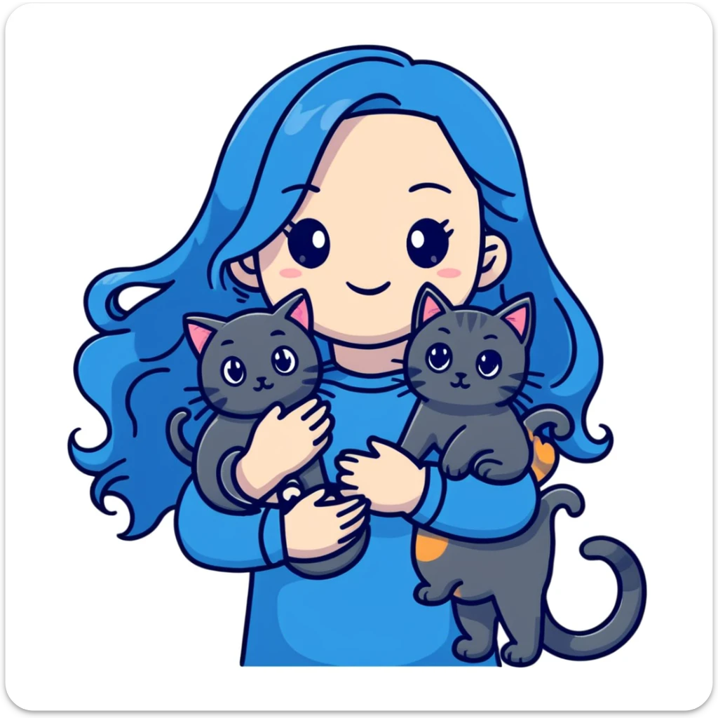Girl with long wavy blue hair holding three cats, one black cat, one grey cat, and one grey-striped cat sticker