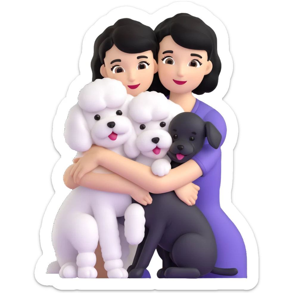 woman with short black hair hugging a brown poodle and a white bichon frise sticker