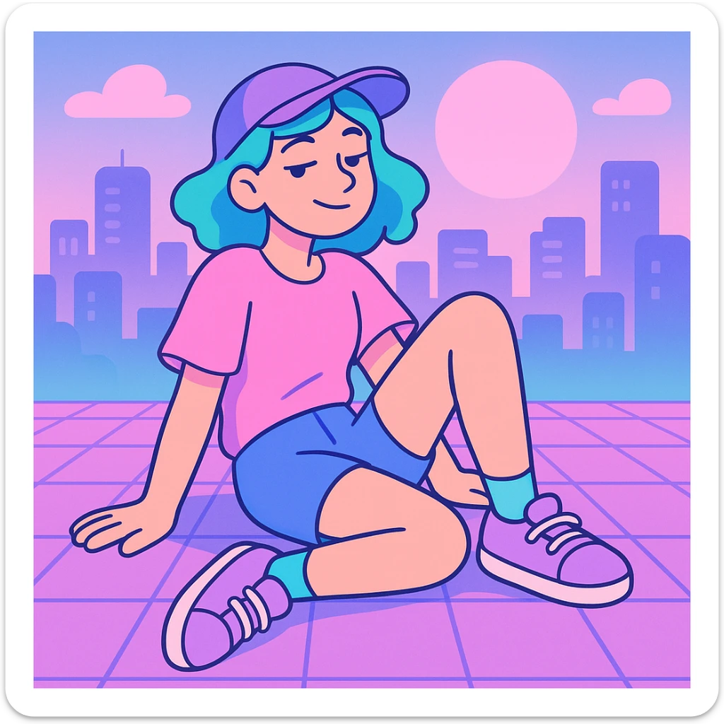vaporwave chill girl, sitting on a grid, cityscape in background, soft glow, relaxed and dreamy sticker