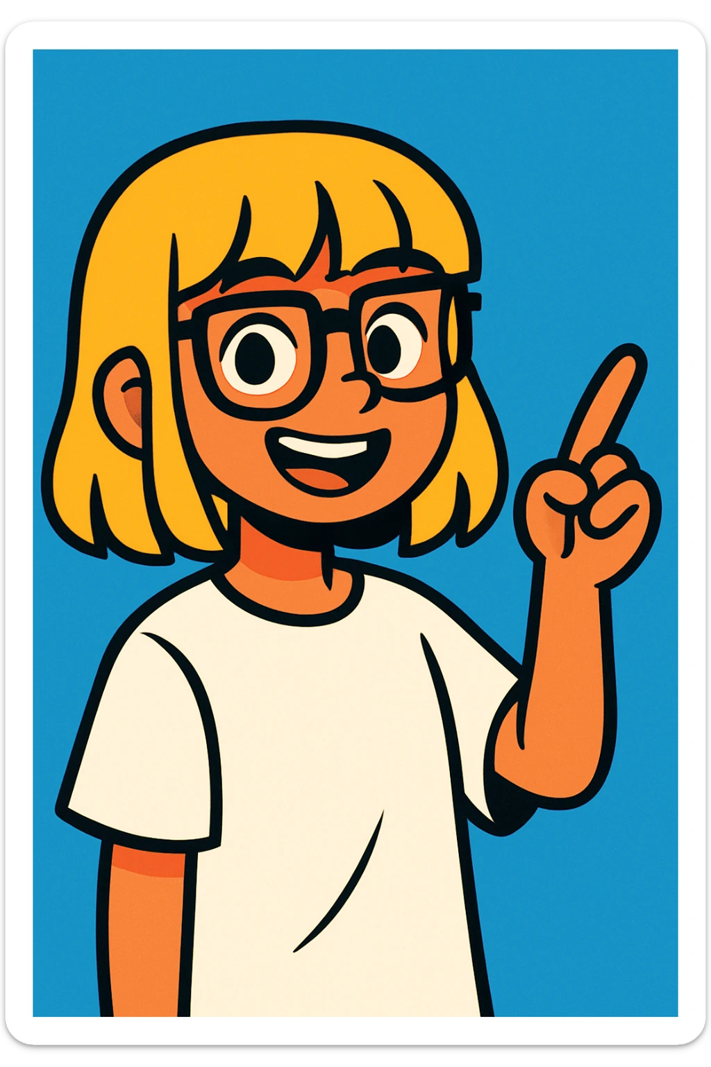 Smiling girl with blonde hair, bangs, and brown eyes, wearing black square glasses and a white oversized T-shirt, pointing her finger up to the right, vibrant cartoon style sticker