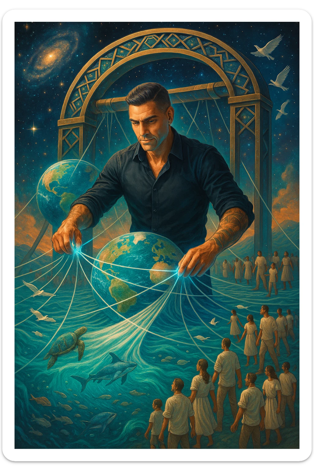 Uomo del 2030 al telaio gigante cosmico che tesse il destino del pianeta con fili di cotone stellare, ogni fibra naturale che intreccia ripara una parte dell'ecosistema terrestre, dita che brillano mentre guidano i fili di cotone attraverso dimensioni parallele, tessuto che si estende dall'atmosfera fino alle profondità marine, creature marine che nuotano attraverso le onde del tessuto acquatico, uccelli che volano seguendo i pattern del tessuto aereo, humanity unita che indossa vestiti di cotone e partecipa alla grande tessitura collettiva della salvezza planetaria sticker