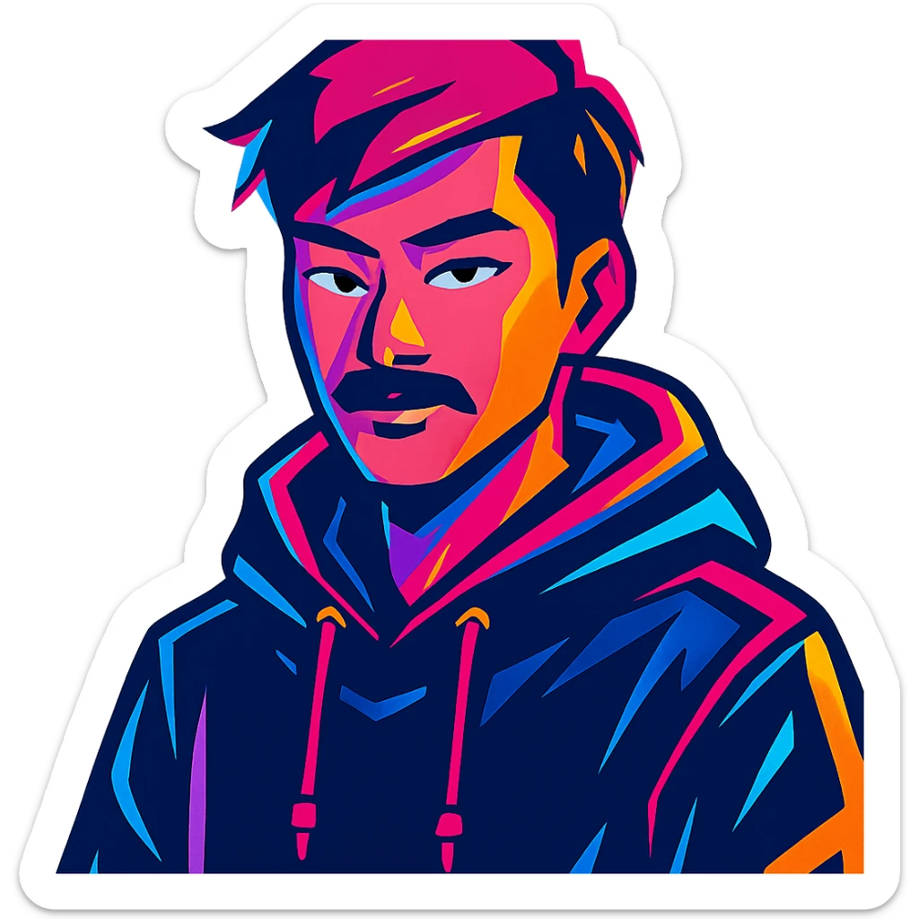 Asian man with black mustache, red hair, black hoodie, in vibrant neon-lit 80's cyberpunk anime style sticker