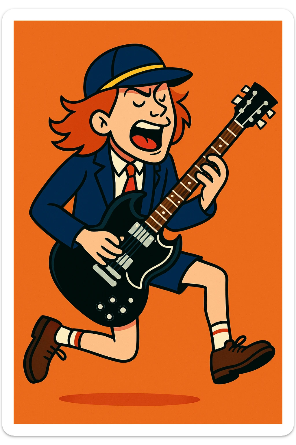 Angus Young in a schoolboy outfit, cap and tie, playing electric guitar, vibrant toon style sticker