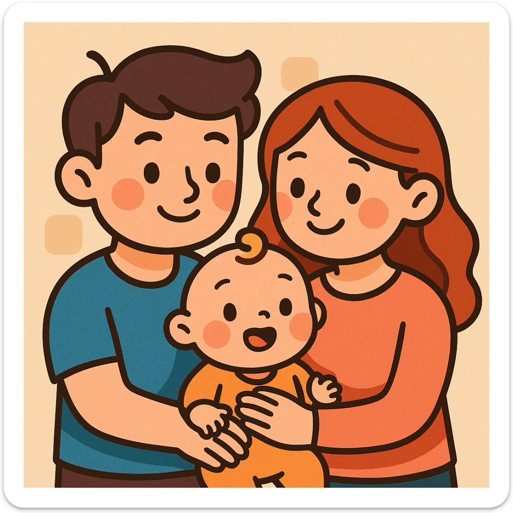 cartoon style small family, two parents and one baby, cute, soft colors sticker