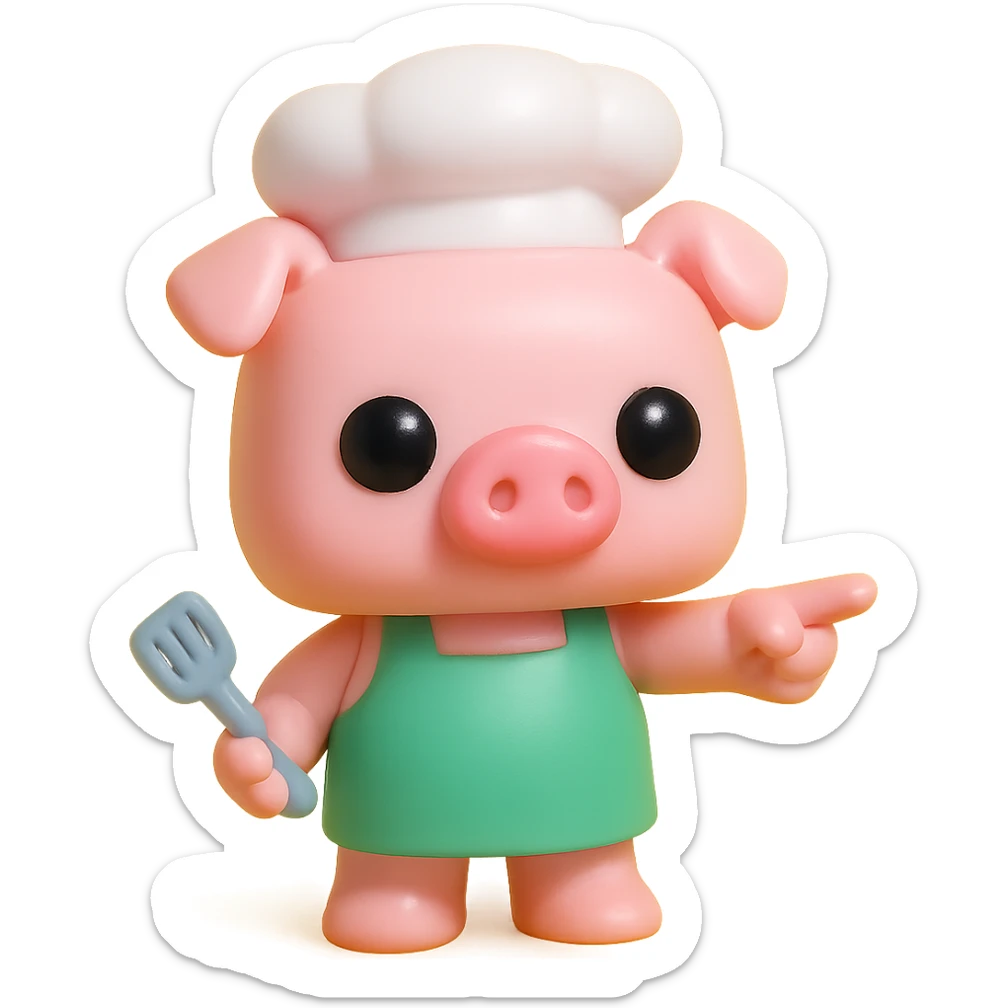 A Funko Pop-style pig chef pointing to the right, wearing a green apron and holding a spatula, cartoonish and cute. sticker