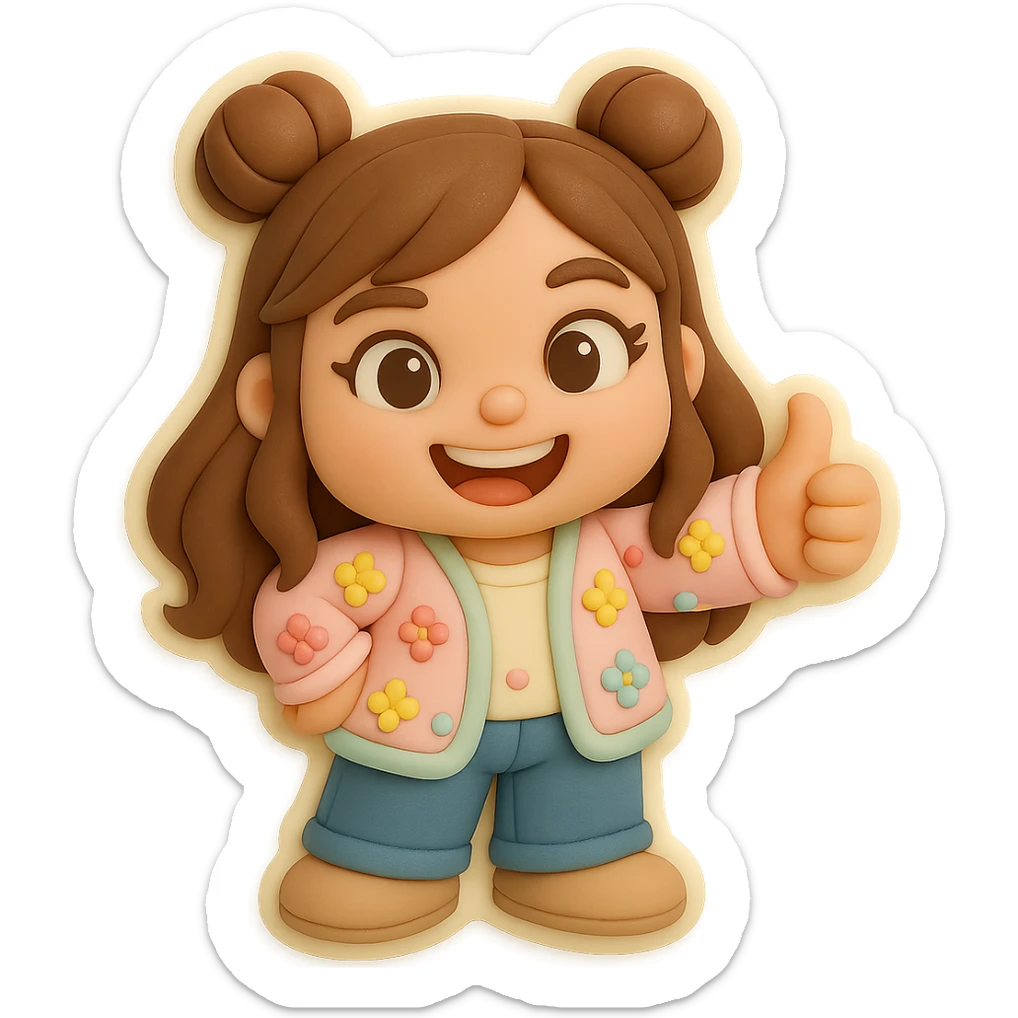 3D chibi fondant cake art style, high-quality rendering with smooth shadows and soft gradients. Girl based on reference image, preserving facial features and eye shape exactly as in the 'thumbs down' sticker. Long brown hair in two space buns, brown eyes, jeans, pastel floral cardigan, shoes. Thumbs up, big open smile. Thick white outline like a sticker, transparent background. Ensure the face, hairstyle, eye shape, and shoes match the reference exactly. sticker