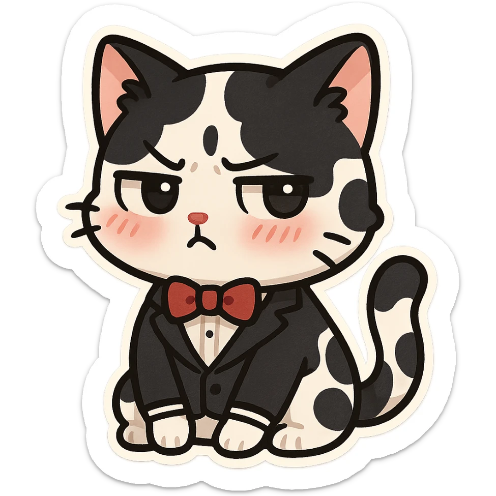 Make a cow cat into a cat in a tuxedo, with black and white fur and a tsundere, cute expression. Keep it in a playful chibi sticker style with no background. sticker