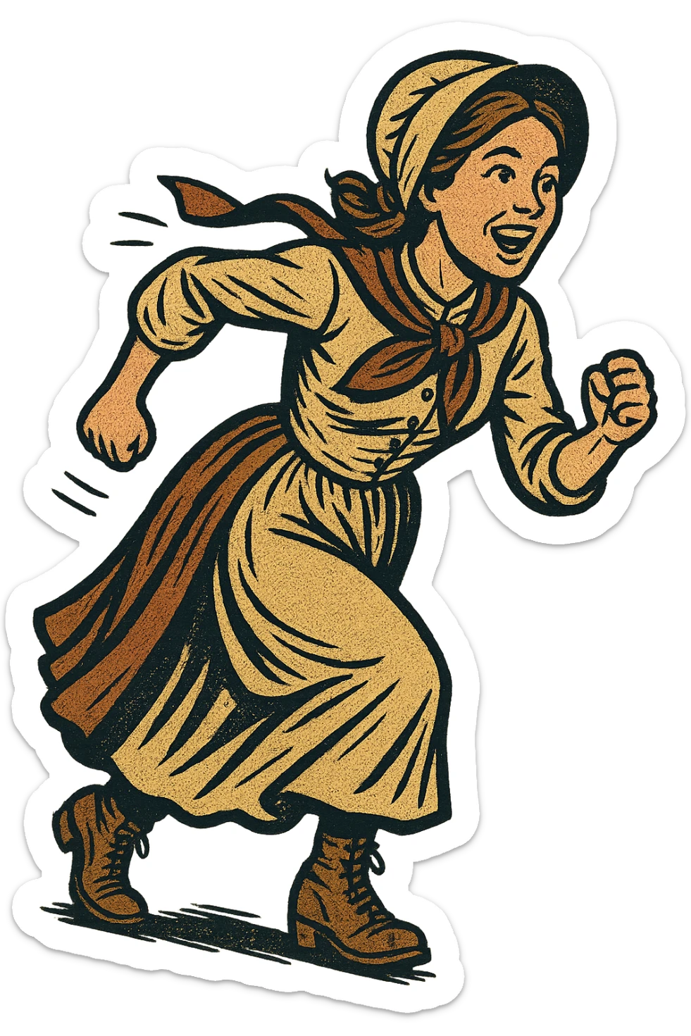 The full body of A female 1860s American settler in the American West looking excited and about to start a race sticker