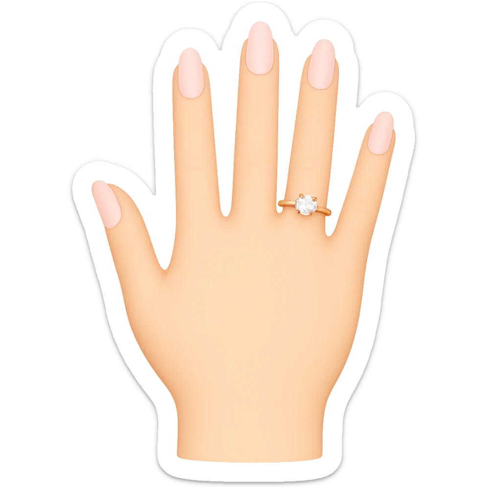 Edit the image to depict a woman's hand with 5 fingers, long light pink nails, and an engagement ring, in an emoji style with a transparent background. sticker