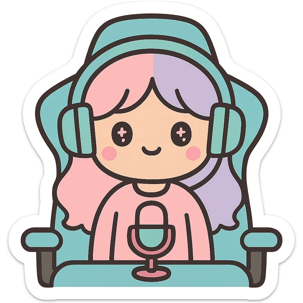 Add a gaming chair behind the streamer with headphones, keep the kawaii style, with no background. sticker