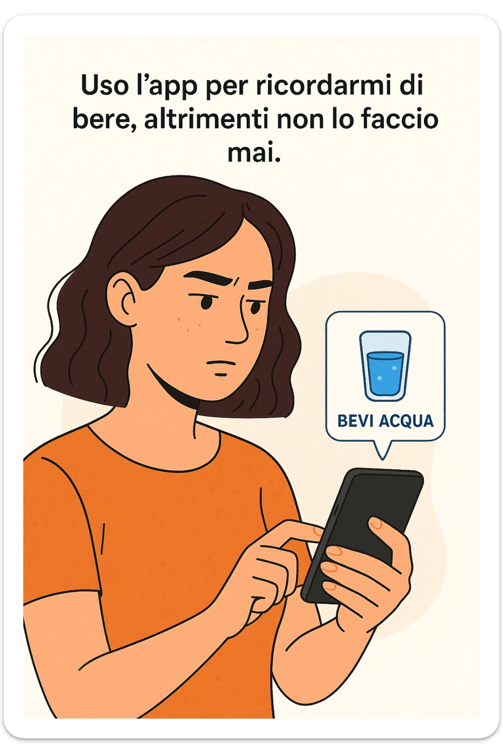 Donna che usa App per ricordarsi di bere, altrimenti non beve mai testo in italiano sticker