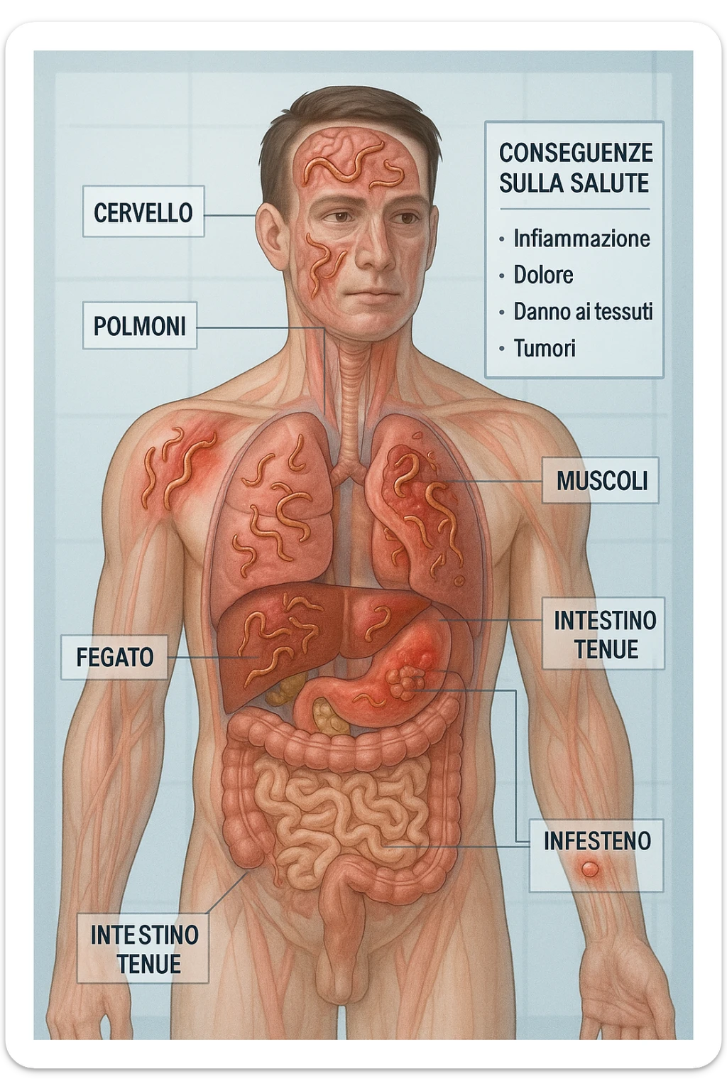 a semi-transparent view of a man’s body reveals numerous parasitic organisms inside his organs and tissues. Some areas are highlighted with red or inflamed zones, and small tumor-like masses are visible where the parasites cluster. The background is clinical and educational, with labels pointing to affected organs and a sidebar showing the health consequences. scritto in italiano sticker