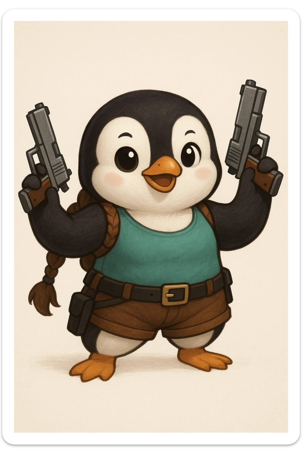 a penguin cosplaying as Lara Croft, with a teal tank top, brown shorts, and toy pistols sticker