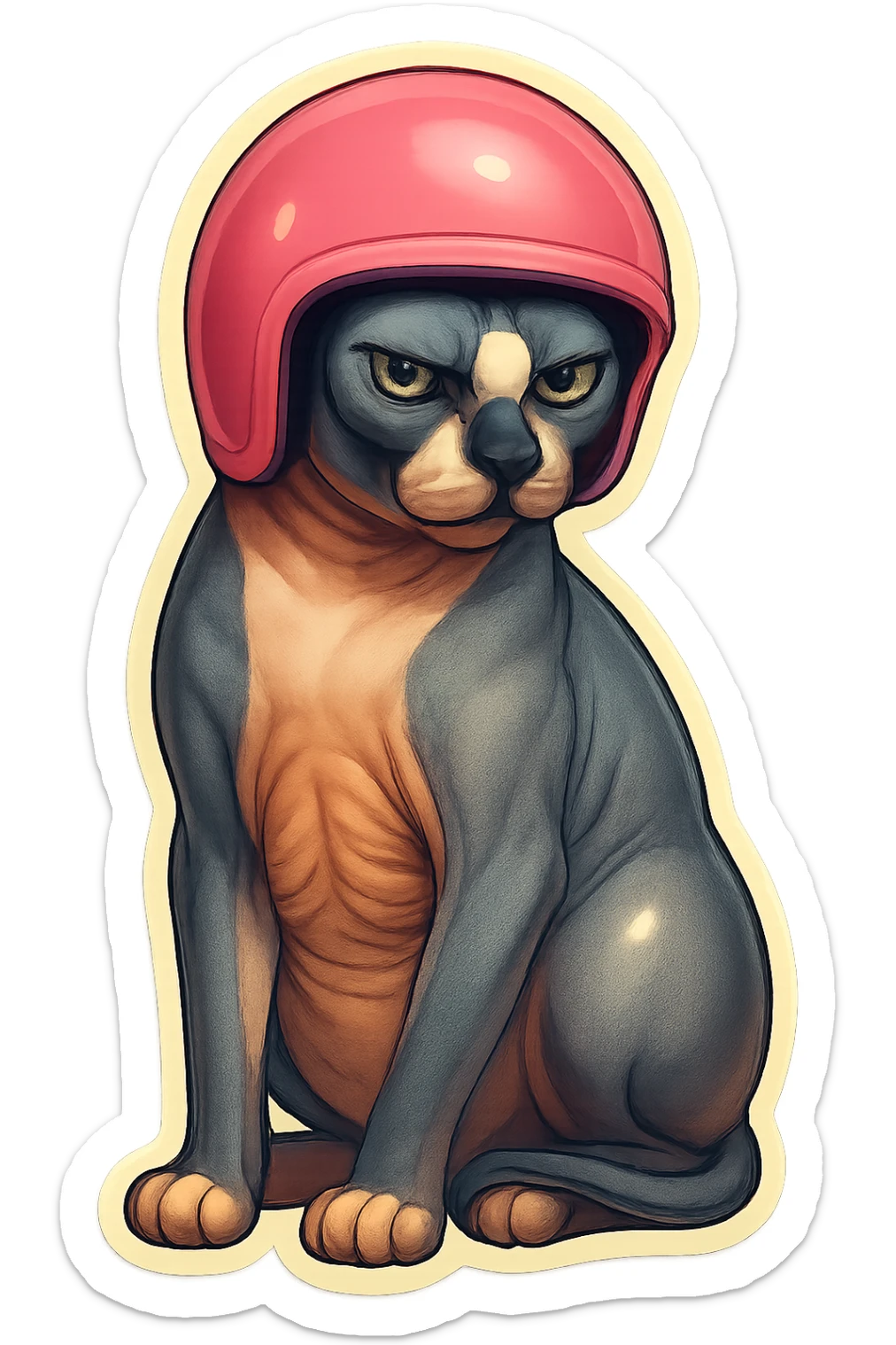 Canadian Sphynx cat with coloring as in the photo, sticker style, with a pink helmet sticker