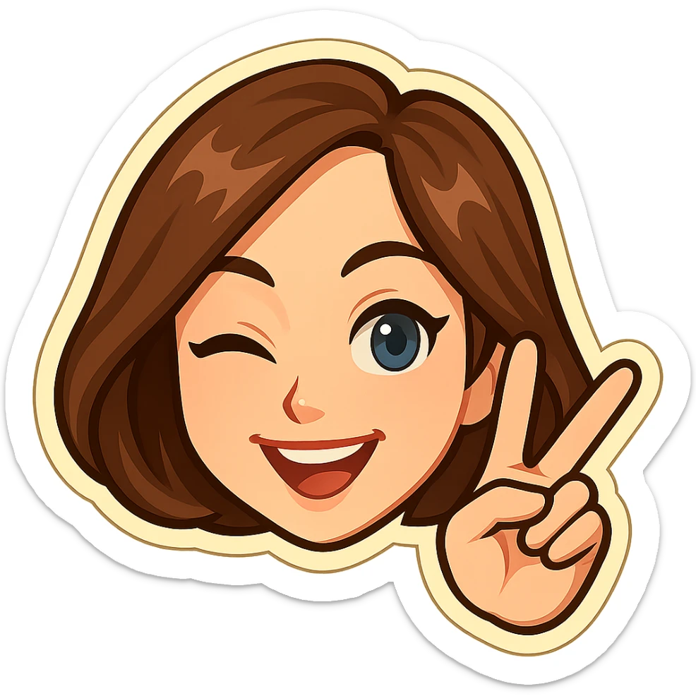 Create a head of a girl in the classic Telegram sticker style with cute facial features, resembling Samsung Sam, pale skin, only the head without the neck, on a white background. The girl is smiling, winking (one eye open, the other closed), and showing a V (peace) sign with her fingers. Pure cartoon style suitable for a Telegram bot profile. sticker